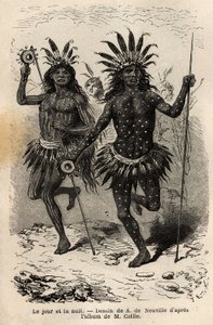 Tag und Nacht, Malereien auf dem Körper der Tänzer der religiösen Zeremonie und Sühne, ausgeführt von den Häuptlingen und seinen Gefährten, unter den Mandan-Indianern (oder Noumah Ka Kie: Fasanen), am linken Ufer des Missouri. Gravur zur Illustration einer von Unknown artist