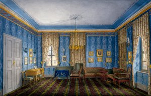 Tagesraum mit blauer Tapete und Girlanden