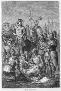Tod von Manfred, König von Sizilien - 1266 - Manfred im Kampf getötet - Schlacht von Benevent (26. Februar 1266): der Tod von Manfred I. (von Hohenstaufen) von Unknown artist
