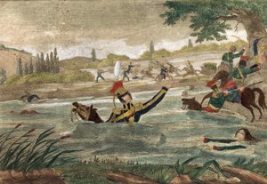 Tod von Prinz Joseph Antoni Poniatowski (geboren 1763) beim Übergang der Elster im Jahr 1813, zeitgenössische Gravur von Unknown artist