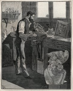 Dekoration von Silberwaren: Bronzemeißler. Gravur von 1885 in „Les arts et métiers illustrés“ von Adolphe Bitard. von Unknown artist