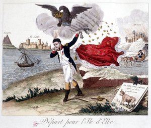 Abreise zur Insel Elba: Napoleon hält eine Glocke, ein kaiserlicher Adler erinnert ihn an seine Titel, Moskau brennt im Hintergrund, und im Vordergrund: Fabel von La Fontaine: „Der Frosch, der größer sein wollte als der Ochse“ (die schwache p von Unknown artist