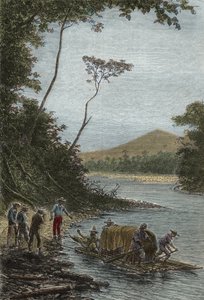 Abstieg des Amazonas (1743-1744) - Der Start des Floßes von Charles Marie de La Condamine (1701-1774), Gravur