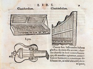 Beschreibung von Cembalo und Lyra (?) Seite aus Musurgia seu praxis musicae