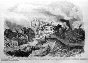 Zerstörung von Pointe-à-Pitre (Guadeloupe) durch ein Erdbeben am 08.02.1843. Gravur 1843. von Unknown artist
