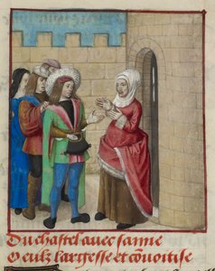Detail einer Miniatur von Convoitise (Habgier) und Largesse (Großzügigkeit), die das Schloss betreten, aus 