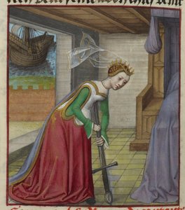 Detail einer Miniatur von Dido, die sich nach dem Verrat von Aeneas auf ihr Schwert stürzt und Selbstmord begeht, aus 