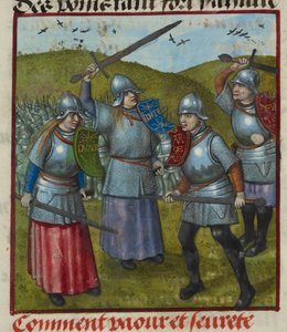 Detail einer Miniatur von Peur, Honte und anderen Allegorien im Kampf. Männer und Frauen in Rüstungen, aus 