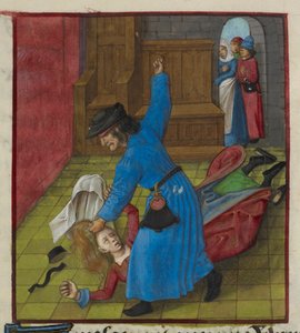 (Detail) einer Miniatur eines eifersüchtigen Ehemanns, der seine Frau schlägt, bis ihre Haare und Kleider herumfliegen, während Zuschauer von der Tür aus zusehen, aus 