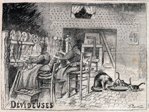 Devideuses - Atelier de Canut - Innenansicht einer Seidenweberwerkstatt in Lyon - Gravur in „Le Progres illustré“ von 1895 von Unknown artist
