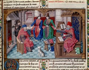 Dialog zwischen Tulle, Atticus, Scipio dem Afrikaner und Lelius, römischer Konsul. Miniatur aus „Über das Alter“ von Cicero