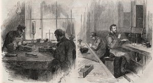 Diamantschleifen in einer Werkstatt in den Niederlanden: Spalter und Polierer - Gravur in „Le Monde Illustré“