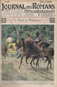 Diane wird von ihrem Ehemann gerufen, während sie mit ihrem Liebhaber Bussy reitet. Illustration des Romans „La Dame de Monsoreau“ von Alexandre Dumas. In „Journal of Illustrated Popular Novels“. von Unknown artist