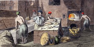 Verschiedene Tätigkeiten von Bäckern: das Kneten des Brotteigs, die Vorbereitung der Laibe, das Backen. Gravur aus dem 19. Jahrhundert