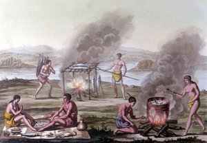 Ess- und Kochszene unter den Florida-Indianern. Gravur aus dem 17. Jahrhundert. von Unknown artist