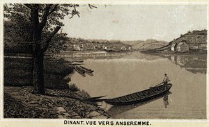 Abendessen, Blick auf Anseremme und den Fluss Lesse, Wallonische Region Belgiens. Chromolithographie aus dem späten 19. Jahrhundert.