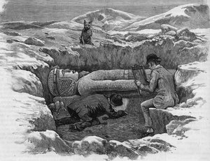 Entdeckung der kolossalen Statue von Ramses II. Hieroglyphen werden mit einer Spiegelreflexion berechnet. Gravur von 1886 von Unknown artist