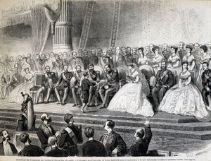 Verleihung der Auszeichnungen an die Preisträger der Weltausstellung - Der Kaiser erhält von seinem Sohn, dem kaiserlichen Prinzen, den Grand Prix für seine Arbeiterhäuser und Musterfarmen
