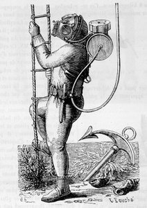 Taucher mit Gummibekleidung und Regulatortank - in „Die Wunder der Wissenschaft“ von Louis Figuier