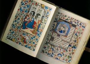 Doppelseite eines offenen Manuskripts (Buch): Die Herabkunft des Heiligen Geistes. Miniatur nach dem Brevier von Maria von Burgund von Unknown artist