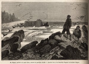 Dr. Hayes, erreicht das freie Meer des Arktischen Pols, das Ziel seiner Expedition, pflanzt die amerikanische Sternenbanner. Gravur zur Illustration der Reise zum freien Meer des Arktischen Pols, von Dr. Hayes, Chirurg der United States Navy, 1860-1862