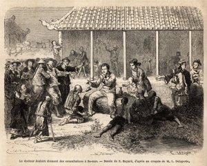 Dr. Joubert gibt Konsultationen in Se-Mao (China), nachdem er einen schwer verwundeten Soldaten geheilt hat, dringt die gesamte Bevölkerung der Stadt in den Hof der Unterkunft des Erkundungsteams ein, in der Hoffnung, behandelt zu werden, die meisten von i von Unknown artist