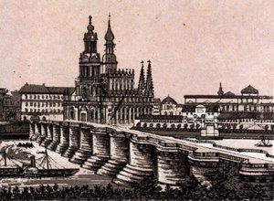 Dresden, Deutschland: Blick auf die Augustusbrücke in „Die Welt illustriert 168 Ansichten“ (Ende des 19. Jahrhunderts) von Unknown artist