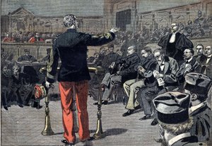 Dreyfus-Affäre - Prozess von Emile Zola - 1898: General Auguste Mercier (1833-1921) beantwortet Fragen von Fernand Labori (1860-1917), Anwalt des Schriftstellers Emile Zola (1840-1902). Ebenfalls dargestellt sind der Präsident des Tribunals Albert Delegorg