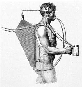 Driebergs Skaphander-Projekt von 1802, bekannt als der Triton. Die Luft gelangt direkt in den Mund des Mannes