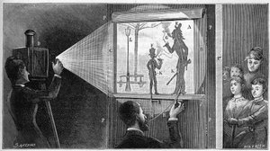 Du feu bitte - die Kulissen des Theaters von Shadbres - Gravur in „La nature“ von 1892.