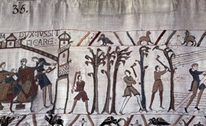 Herzog Wilhelm befahl den Bau von Schiffen, Bäume wurden gefällt - Teppich von Bayeux, bekannt als Stickerei der Königin Mathilde von Unknown artist