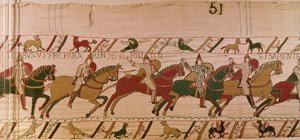Herzog Wilhelm ermahnt seine Truppen, sich weise wie Männer auf die Schlacht gegen die englische Armee vorzubereiten, Teppich von Bayeux (Wollstickerei auf Leinen) von Unknown artist
