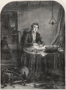 Duke of Wellington (Arthur Wellesley) schreibt nach Waterloo, 19. Juni 1815 (Stich 1852)