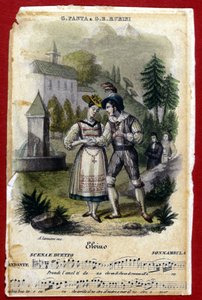 Duett zwischen Giuditta Pasta und Gian Battista Rubini in der Oper „La Sonnambula“ von Vincenzo Bellini. Teatro Carcano von Mailand. 1831. von Unknown artist