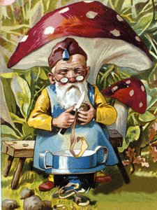 Zwerg oder Kobold schält Kartoffeln. Chromolithographie aus dem 19. Jahrhundert