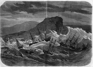 Erdbeben in Peru: Tsunami überflutet die Stadt Arica im September 1869 - Kupferstich in „Le Journal Illustré“