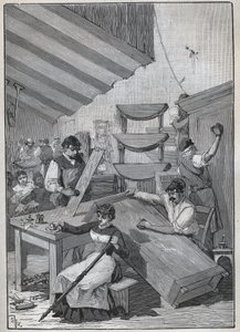 Ebenisterie: Stempel-Lackierwerkstatt. Gravur von 1885 in „Les arts et métiers illustrés“ von Adolphe Bitard. von Unknown artist