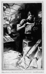 Edison, mit 15 Jahren, in der Mitte des Wagens, wo er seine Druckerei einrichtete. Er schrieb und druckte seine Zeitung, den Weekly Herald, und verkaufte sie an Reisende. von Unknown artist