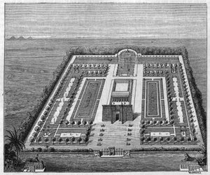 Ägyptischer Garten zur Zeit der Pharaonen. Gravur in „La Nature: revue des sciences et de leurs applications aux arts et a l