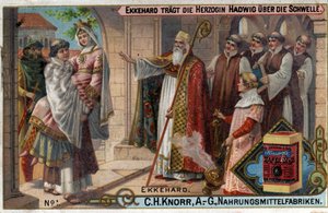 Ekkehard IV. von St. Gallen oder Eckhard, Eckhart (980 - 1057) Gelehrter und lateinischer Dichter. Ekkehard lässt Herzogin Hadwig die Schwelle überschreiten. von Unknown artist
