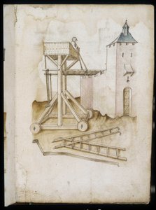 Hebesystem und Skalen - Manuskript: Pergamentblatt aus dem Handbuch eines Ingenieurs für den Bau ziviler, religiöser und militärischer Gebäude, anonym, Ende des 15. Jahrhunderts (Figur in chinesischer Tinte)