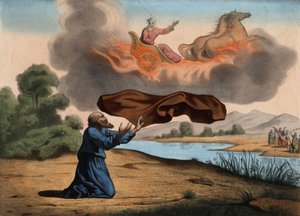 Elia wird in den Himmel erhoben. Anonyme Gravur aus der Mitte des 19. Jahrhunderts.