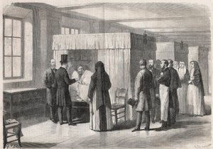 Kaiser Napoleon III. (1808-1873) besucht die Räume des Hôtel-Dieu für Cholerapatienten und spricht mit ihnen - Gravur in „The Illustrous World“ von Unknown artist