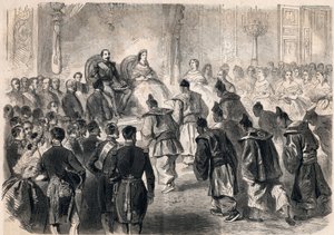 Kaiser Napoleon III. und Kaiserin Eugénie de Montijo empfangen feierlich die japanischen Botschafter in den Tuilerien in Paris am 13. April 1862. Gravur in „Le Monde illustré“ von 1862. Private Sammlung. von Unknown artist