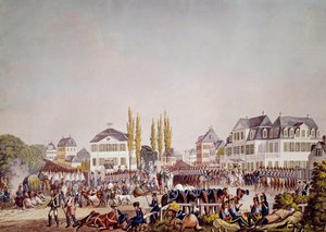 Kaiser Napoleon I. (1769-1821) inspiziert die Truppen in Frankfurt. Gravur von 1813