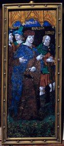 Emailplatte mit Darstellung der biblischen Figuren Salome, Kleophas, Joachim und Joseph