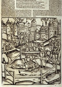 Eneide von Virgil (70 v. Chr.-19 v. Chr.), Buch XII, der trojanische Held Äneas tötet Turnus im Kampf unter den Augen der Latiner und Rutuler. Holzschnitt von Sebastian Brant (1458-1521). Straßburg von Unknown artist