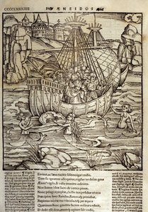 Eneide von Virgil (70 v. Chr.-19 v. Chr.), die trojanischen Helden Eneas und seine Gefährten überqueren ein Meer voller Sirenen. Holzschnitt von Sebastian Brant. Straßburg von Unknown artist