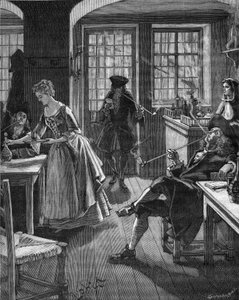 England, Ende des 17. Jahrhunderts: Männer rauchen in einem Café. Gravur des 19. Jahrhunderts. In „Histoire de France“ von Jules Michelet.
