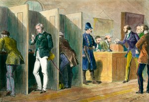 Englische Demokratie: In einem Wahllokal während der Wahlen in England mit Darstellung der Wahlkabinen. Gravur des 19. Jahrhunderts von Unknown artist